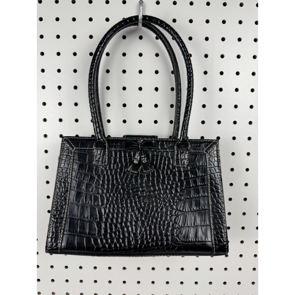 Liz Claiborne Black Croc Embossed Structured Satchel‎ Top Handle Bag -FAIR